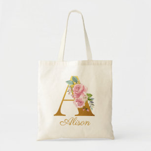 Floral Monogram Custom Name Initial Botanical Tote Bag