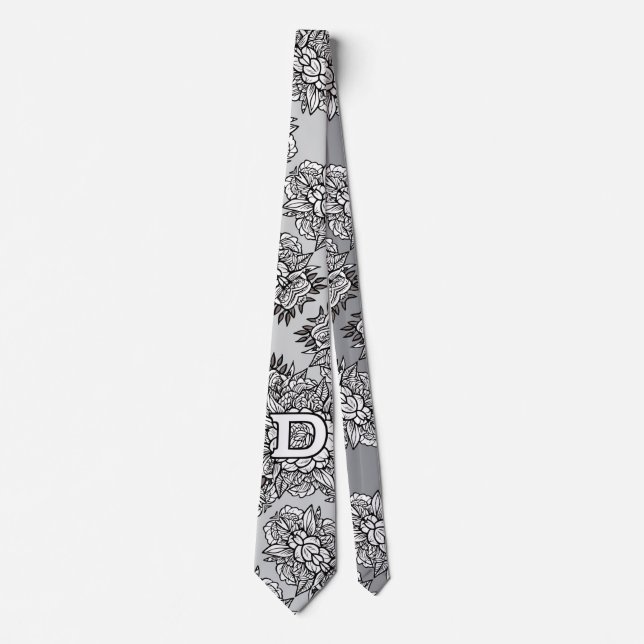 Floral Monogram "D" Black and White Tattoo Flowers Tie (Front)