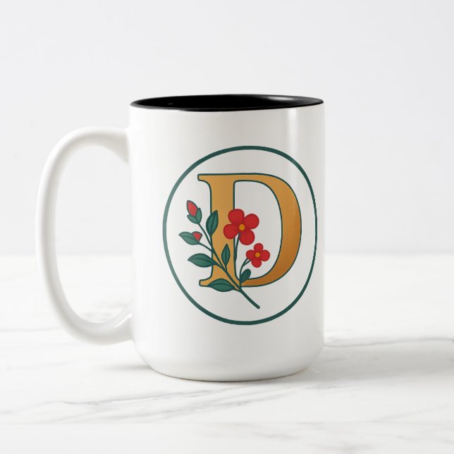 Floral Monogram "D" Coffee Mug – Black & White (Left)