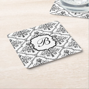 Floral Monogram Damask Square Paper Coaster