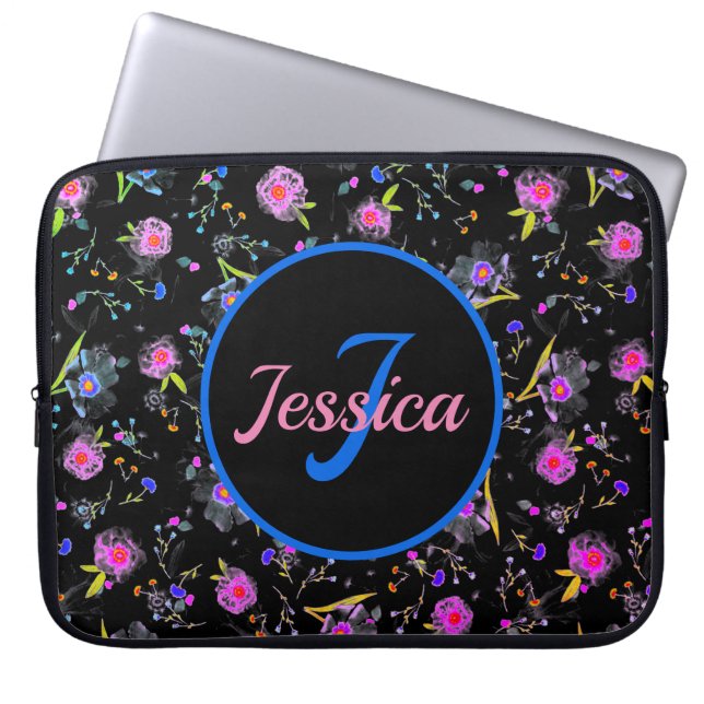 Floral Monogram Elegant Personalised  Laptop Sleeve (Front)