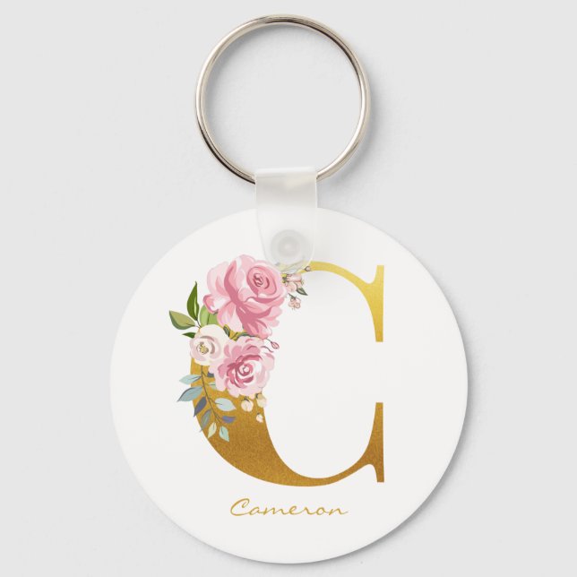 Floral Monogram Faux Gold Name Initial Personalise Key Ring (Front)
