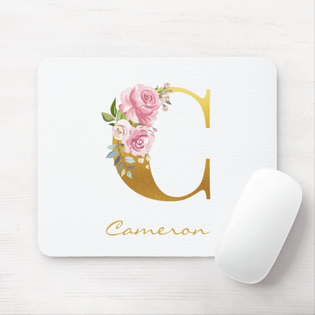Floral Monogram Faux Gold Name Initial Personalise Mouse Pad (With Mouse)