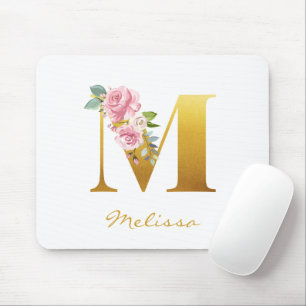 Floral Monogram Faux Gold Name Initial Personalise Mouse Pad