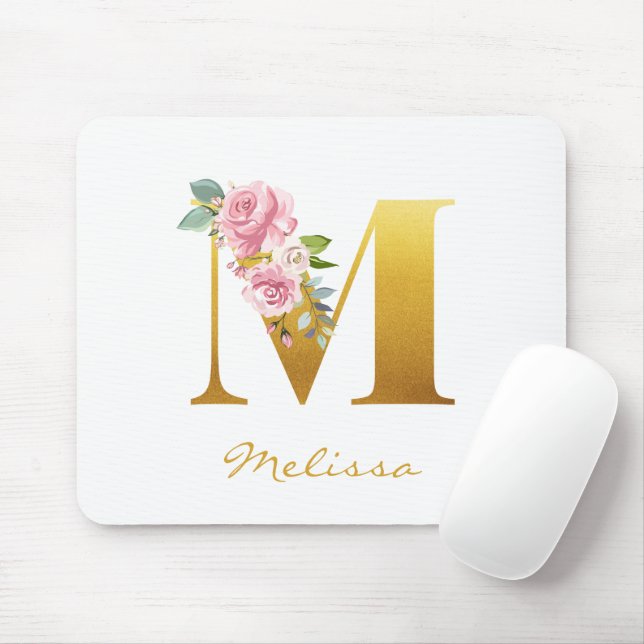 Floral Monogram Faux Gold Name Initial Personalise Mouse Pad (With Mouse)