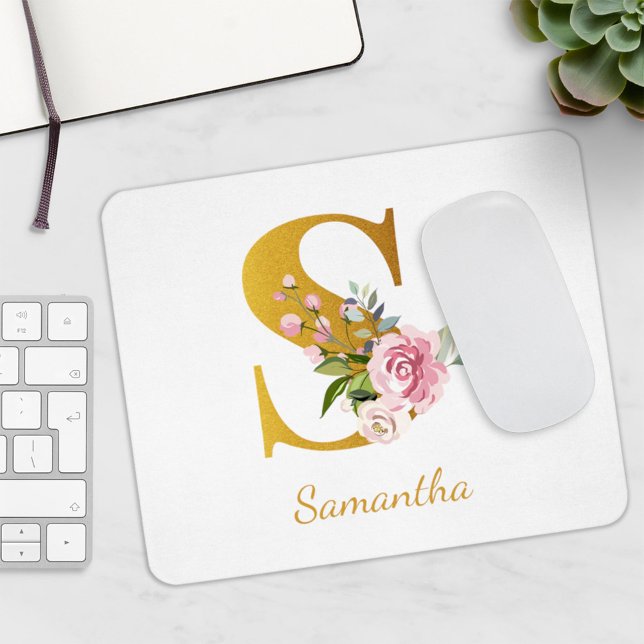 Floral Monogram Faux Gold Name Initial Personalise Mouse Pad (Creator Uploaded)