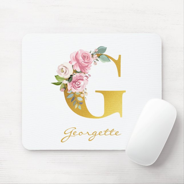 Floral Monogram Faux Gold Name Initial Personalise Mouse Pad (With Mouse)