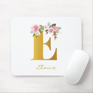 Floral Monogram Faux Gold Name Initial Personalise Mouse Pad