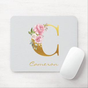 Floral Monogram Faux Gold Name Initial Personalise Mouse Pad