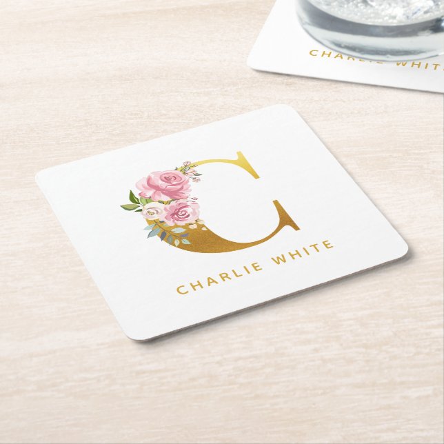 Floral Monogram Faux Gold Name Initial Personalise Square Paper Coaster (Angled)