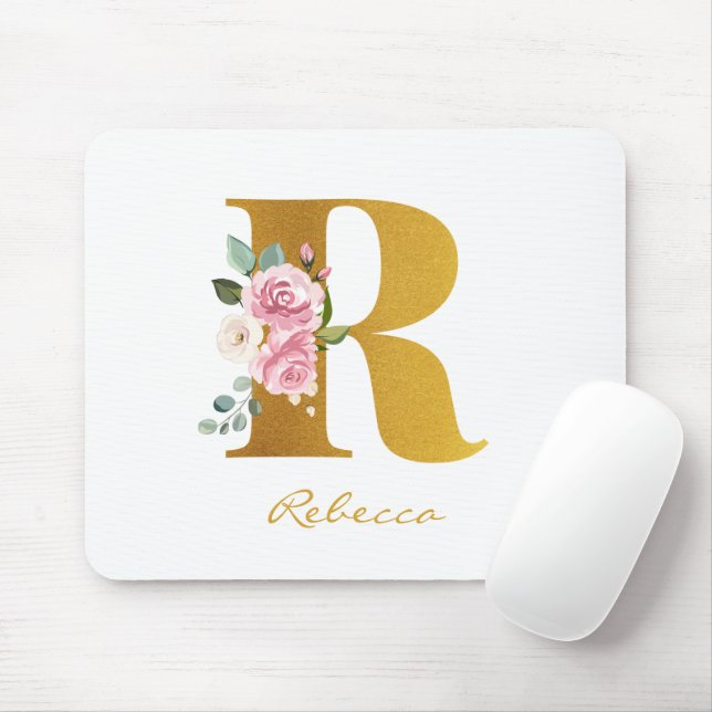 Floral Monogram Faux Gold Name Personalised Mouse Pad (With Mouse)