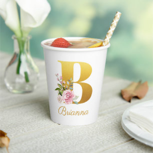 Floral Monogram Floral Custom Name Initial B Paper Cups