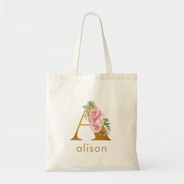 Floral Monogram Floral Name Bridesmaid Initial Tote Bag (Front)