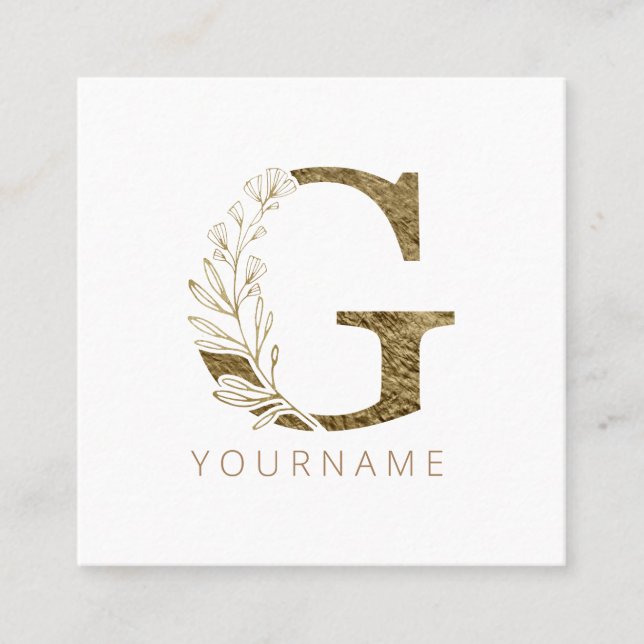 Floral Monogram G Elegant Gold Foliage Square Business Card (Front)