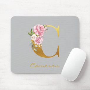 Floral Monogram Gold Name Initial Personalised Mouse Pad