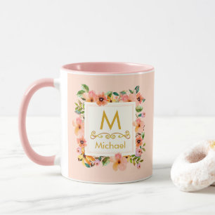 Floral Monogram I Custom Name & Gold Initial Gift Mug