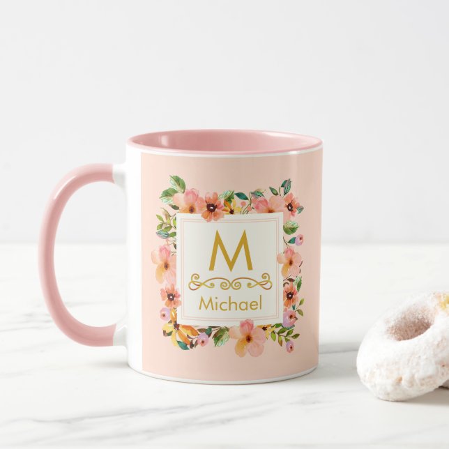 Floral Monogram I Custom Name & Gold Initial Gift Mug (With Donut)