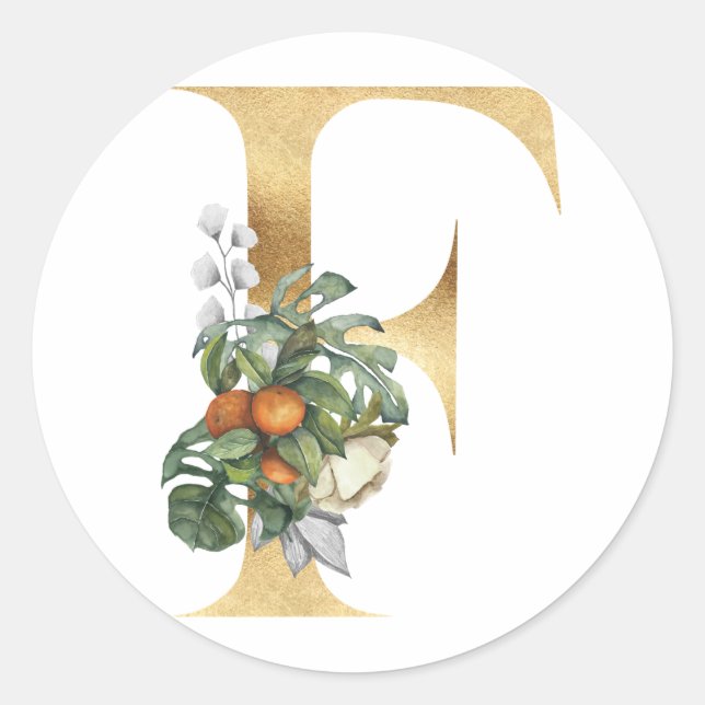 Floral monogram in gold Classic Round Sticker (Front)