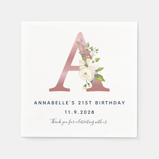 Floral Monogram Initial  21st Birthday Rose Gold Napkin (Front)