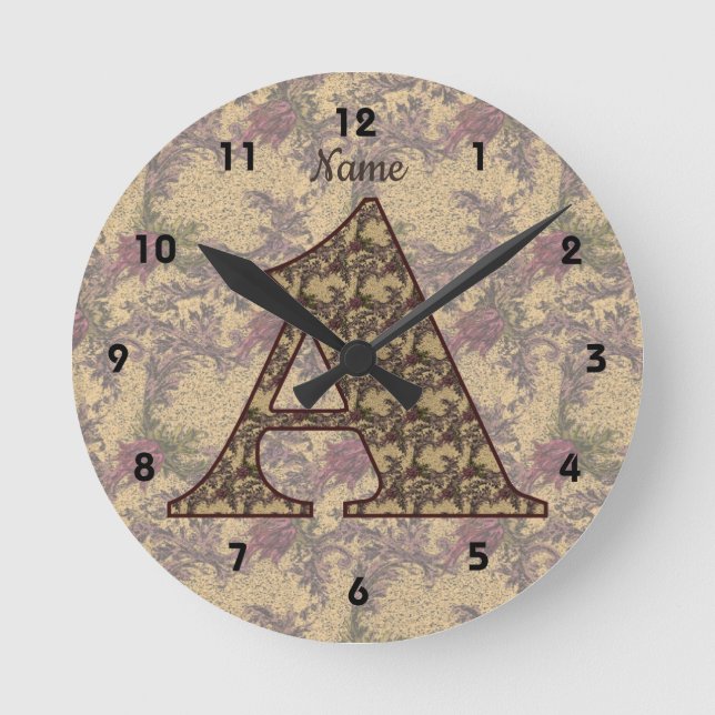 Floral Monogram Initial A Elegant Personalized Round Clock (Front)