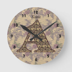 Floral Monogram Initial A Elegant Your Name     Round Clock