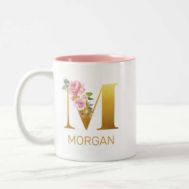 Floral Monogram Initial Botanical Personalised Two-Tone Coffee Mug (Left)