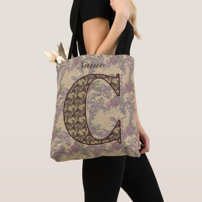 Floral Monogram Initial C Elegant Personalised Tote Bag (Close Up)