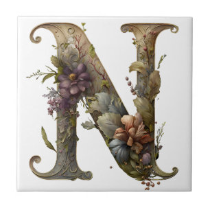 Floral Monogram Initial N Letter Ceramic Tile