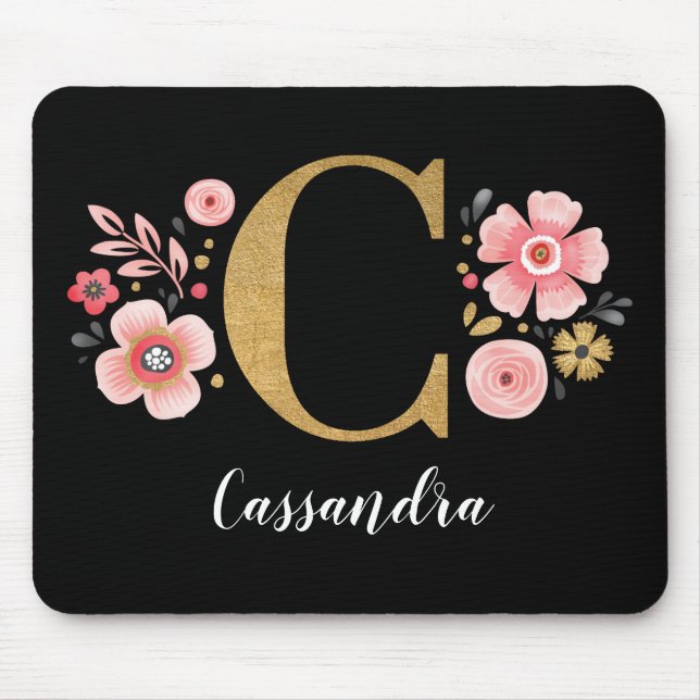 Floral Monogram Initial Pink Black Letter C Mouse Pad (Front)