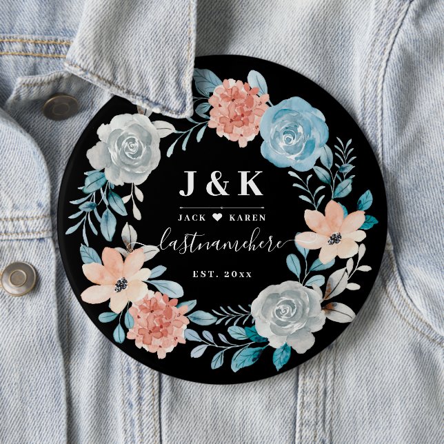 Floral Monogram Initials Custom Family Name 6 Cm Round Badge (In Situ)