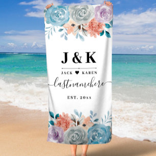 Floral Monogram Initials Custom Family Name Beach Towel