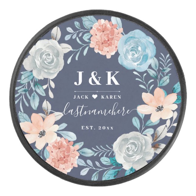Floral Monogram Initials Custom Family Name Hockey Puck (Front)