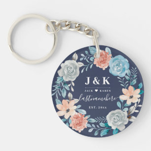 Floral Monogram Initials Custom Family Name Key Ring