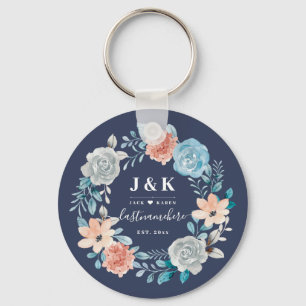 Floral Monogram Initials Custom Family Name  Key Ring
