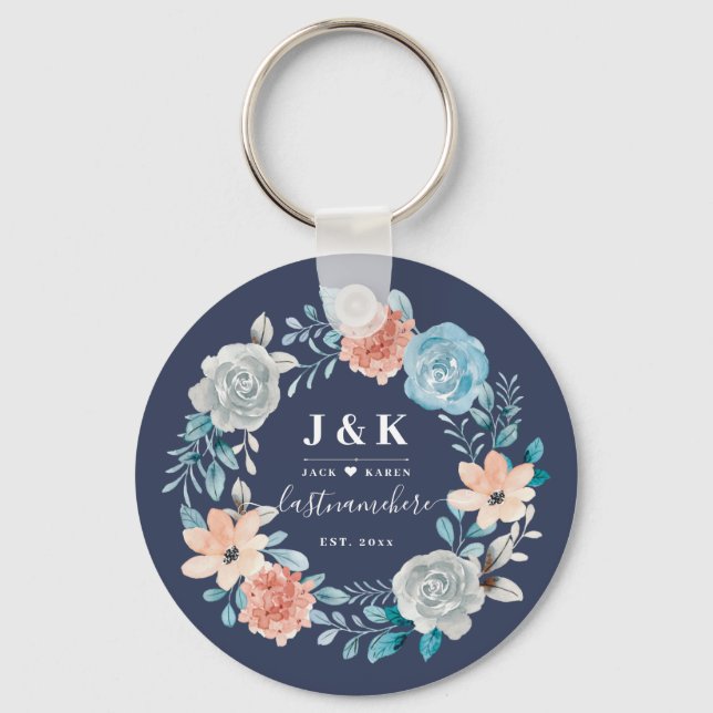 Floral Monogram Initials Custom Family Name  Key Ring (Front)