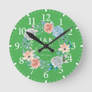 Floral Monogram Initials Custom Family Name Round Clock