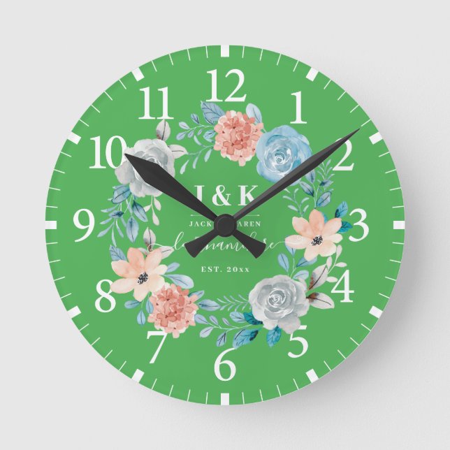 Floral Monogram Initials Custom Family Name Round Clock (Front)