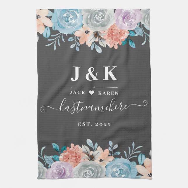 Floral Monogram Initials Custom Family Name Tea Towel (Vertical)