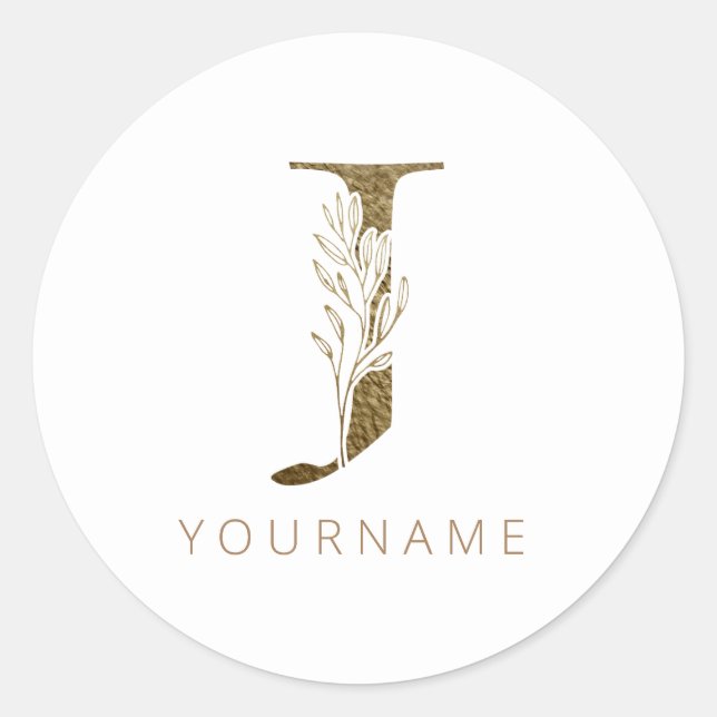 Floral Monogram J Elegant Gold Foliage Classic Round Sticker (Front)