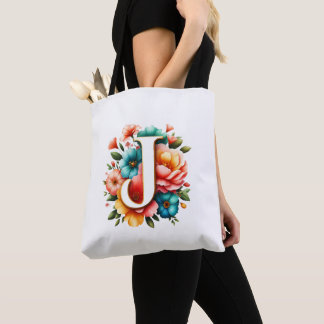 Floral Monogram J with Pastel Flowers Tote Bag