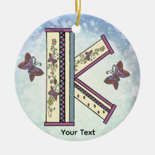floral Monogram K  Ceramic Ornament