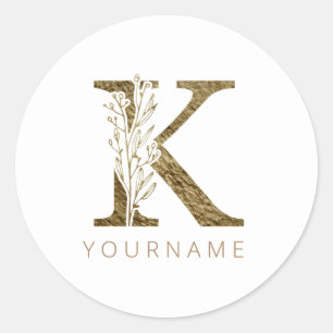 Floral Monogram K Elegant Gold Foliage Classic Round Sticker