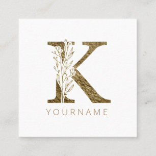 Floral Monogram K Elegant Gold Foliage Square Business Card