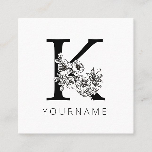 Floral Monogram K Sakura Cherry Blossoms Square Business Card (Front)