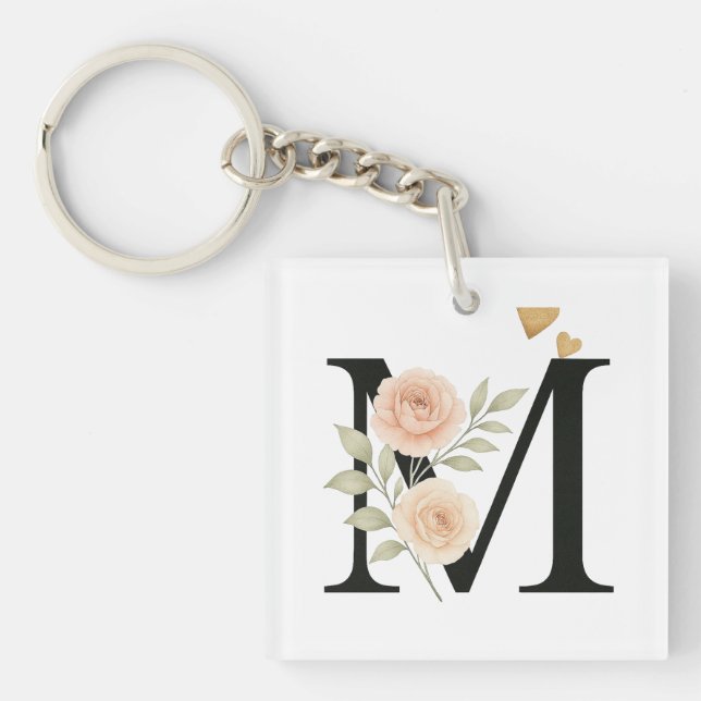 > _Floral Monogram Keychain – Letter M_ (Front)