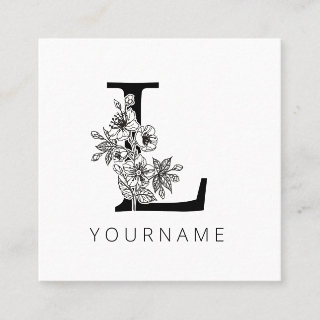 Floral Monogram L Sakura Cherry Blossoms Square Business Card (Front)