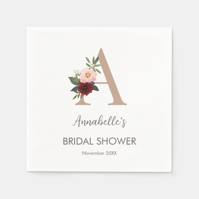 Floral Monogram Letter A Bridal Shower   Napkin (Front)