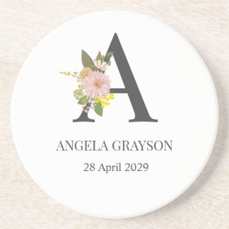 Floral Monogram Letter A Custom Name and Date  Coaster