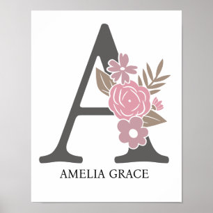 Floral Monogram Letter A Name Nursery Modern  Poster
