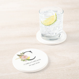 Floral Monogram Letter C Custom Name and Date  Coaster
